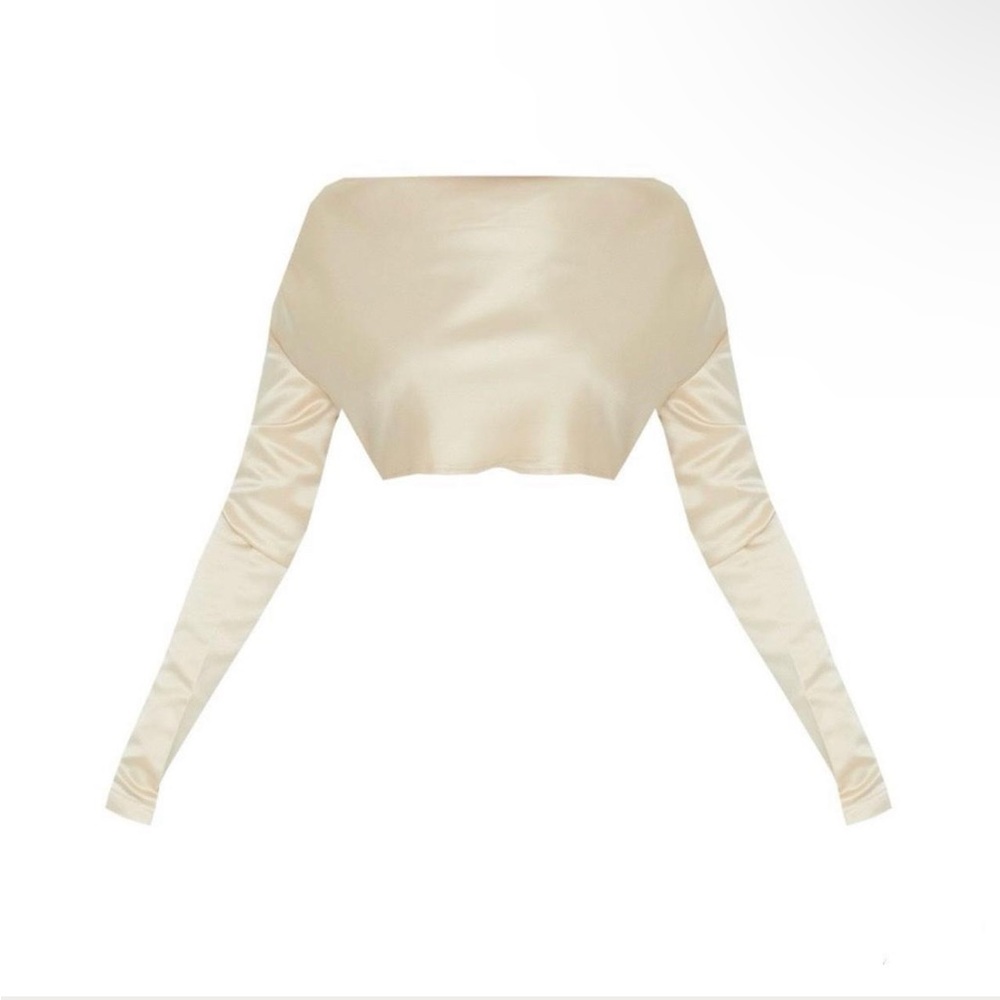 champagne satin cowl neck shoulder pad long sleeve crop top